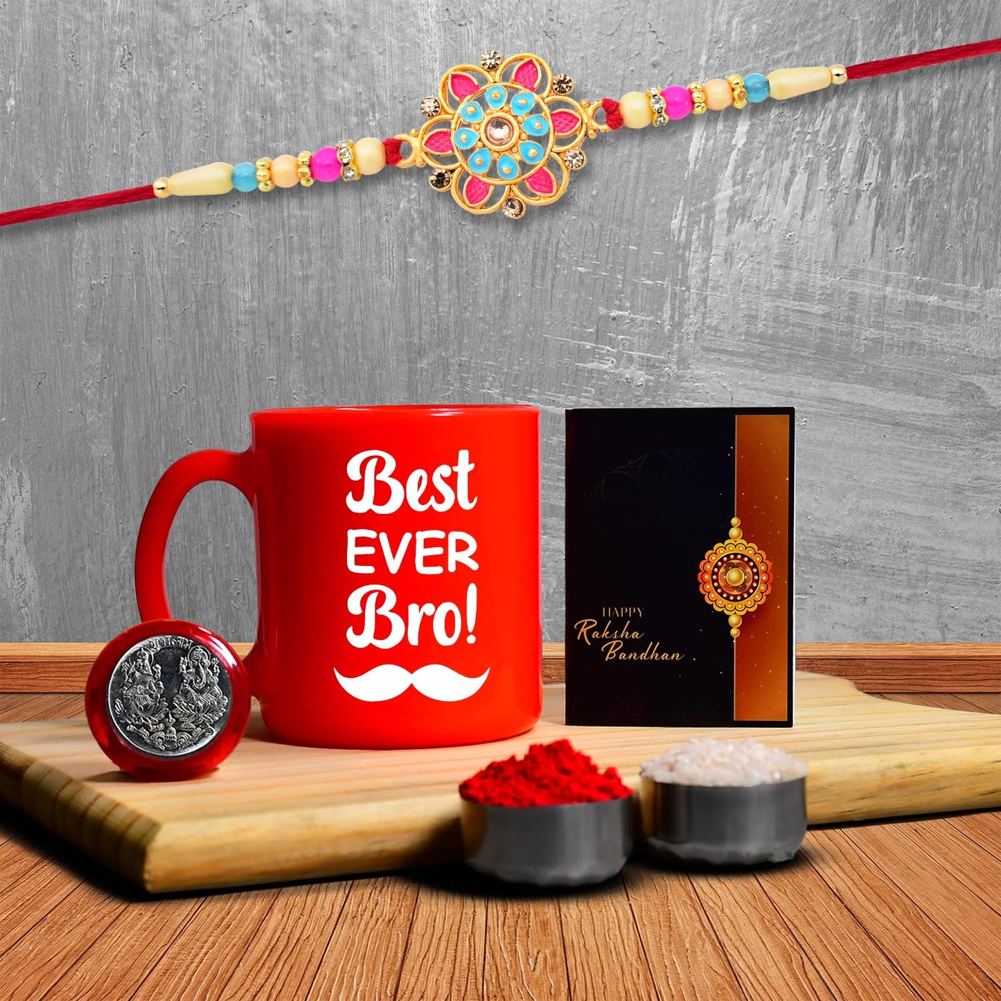 Rakhi Combo (K1_559_rtm) Plastic Unbrekable Tea Milk Coffee Mug (Red Best Ever Bro Mug) With Pooja Coin Greeting Card Rakhi Set Rakhi Mug Rakhi For Brother With Mug Rakhi Mug For Brother Rakhi For Brother With Coffee Mug Rakhi With Mug