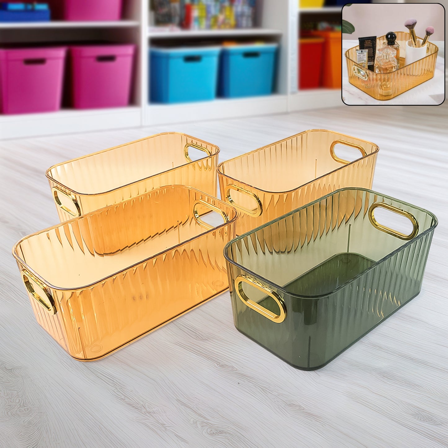 Premium Ribbed Transparent Storage Basket With Gold Handle Multipurpose Kitchen Amp Home Organizer Box (25x14cm 4 Pc)