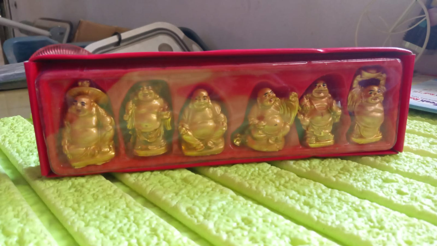 17924 Golden Laughing Buddha Set Of Six Pieces Statue For Happiness Wealth Good Luck Decor For Wealth And Success (6 Pcs Set)