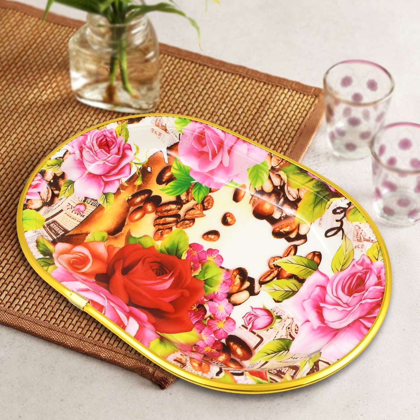 Small Plastic Flower Printed Design Serving Tray (1 Pc 27 X 18 Cm)