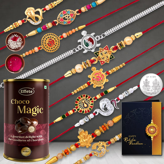 Multicolor Bracelet Rakhi (K10_mc9_cd)  Chocolate Combo With Silver Color Pooja Coin Roli Chawal  Greeting Card  Occasion  Rakhi For Brother With Gift  Rakhi With Chocolate Rakhi Combo For Brother  Set Of 10 Rakhi  Rakhi Chocolate