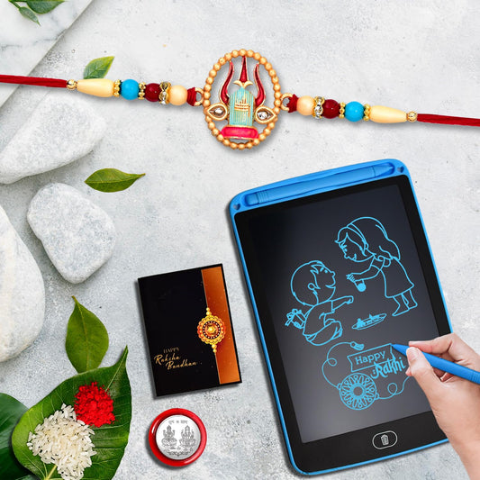 (K1_520_1360) Multicolor Circular Unquie Rakhi  Lcd Writing Padtablet For Kids With Silver Color Pooja Coin  Greeting Card Occasion Kids Silver Rakhi Rakhi For Brother With Gift Kids Gifts For Little Brother Fancy Rakhi For Brother  Set Of