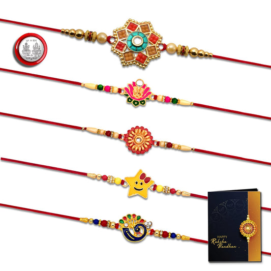 Rakhi Set With Ganesh And Floral Designs Pack Of 5 Designer Rakhis For Brothers Best Combo For Brothers Attractive Set Of 5 - Perfect For Siblings