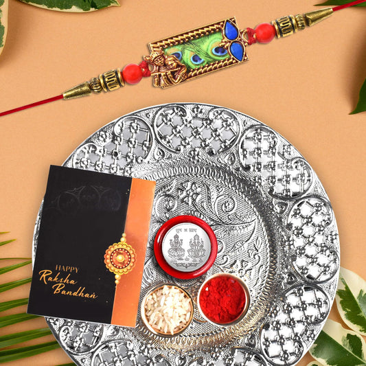Silver Color Dish With Multicolor Rakhi Combo  Greeting Card  Silver Color Pooja Coin  Brother Sister Rakhi  Stylish Rakhi For Brother  Rakhi With Gift  Set Of 1 Rakh (K1_170_ds)