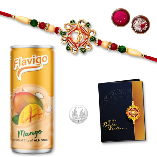 Multicolor Green Beads Rakhi  Bracelet (K1_506_mds)  Mango Milk Drink With Silver Color Pooja Coin Roli Chawal  Greeting Card Occasion Rakhi For Brother With Gift Rakhi With Milkshake Rakhi Combo For Brother Flavoured Milk Set Of 1 Rakhi