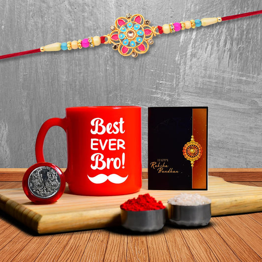 Rakhi Combo (K1_559_rtm) Plastic Unbrekable Tea  Milk  Coffee Mug (Red Best Ever Bro Mug) With Pooja Coin  Greeting Card Rakhi Set Rakhi Mug Rakhi For Brother With Mug Rakhi Mug For Brother Rakhi For Brother With Coffee Mug Rakhi With Mug