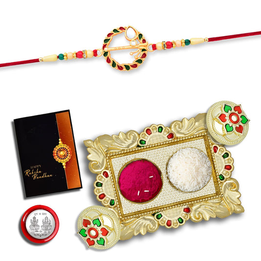 (K1_560_aa1) Rakhi Combo With Pooja Coin Gold Color Pooja Thali  Tilak Set  Greeting Card Rakhi Thali  Rakhi For Brother And Bhabhi  Rakhi With Plate Rakhi For Kids  Rakhiset Of 1