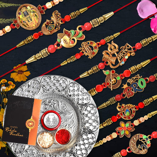 Rakhi For Brother Set Of 10 With Dish Silver Coin  Greeting Card Rakhi For Bhai Bhabhi  Kids With Gift For Brother Rakhi Set For Brother (K10_mc56_ds)