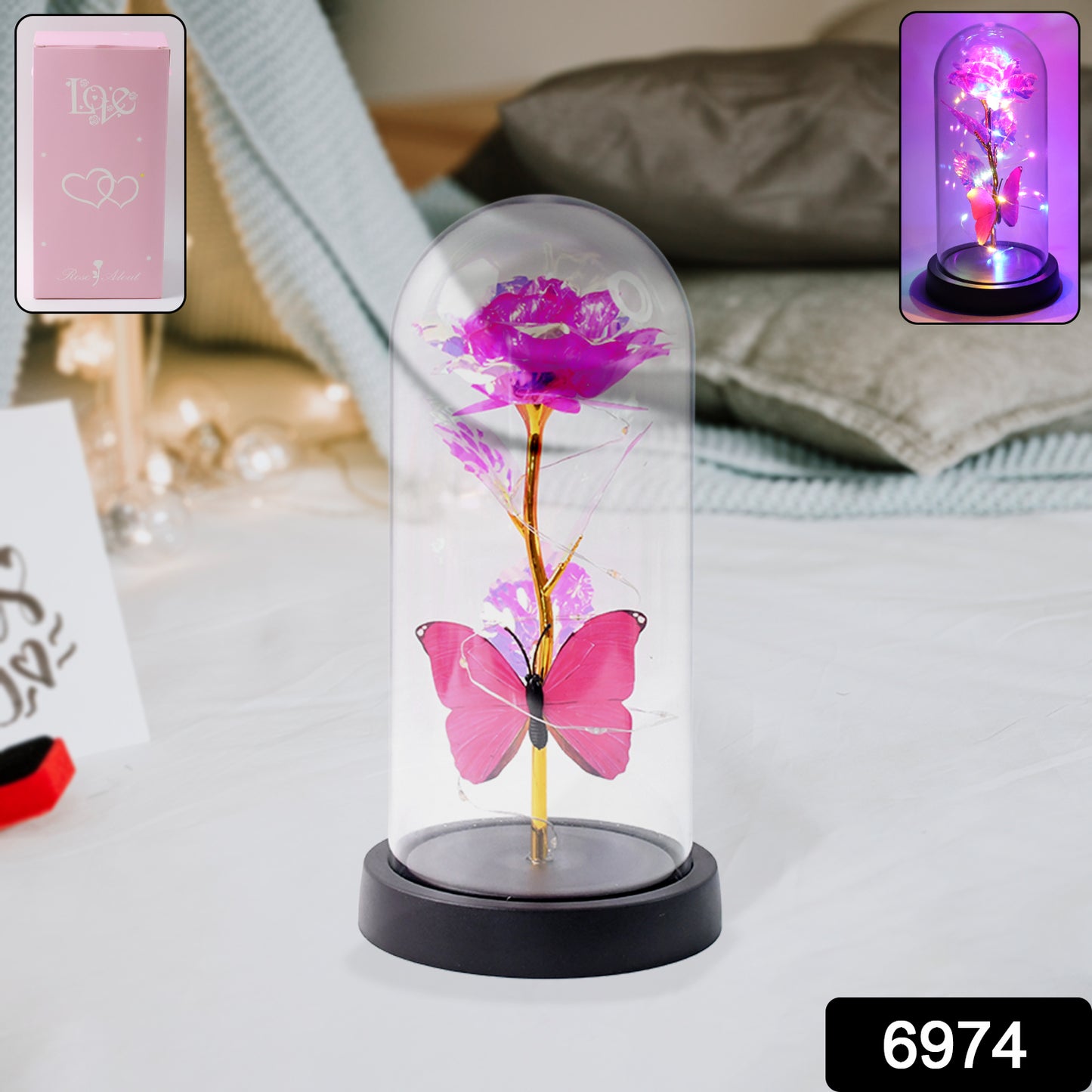 Led Decorative Rose With Butterfly In Transparent Plastic Dome (1 Pc  Battery Not Included)