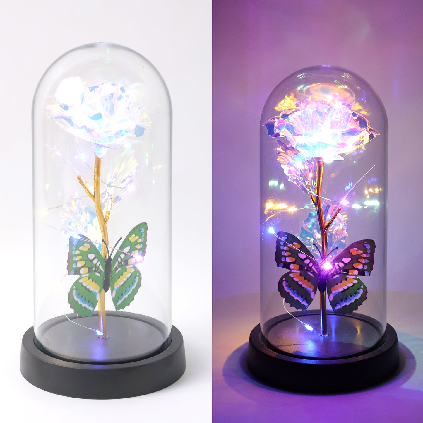 Led Light-up Eternal Rose With Butterfly In Transparent Dome (1 Pc  Battery Not Included)