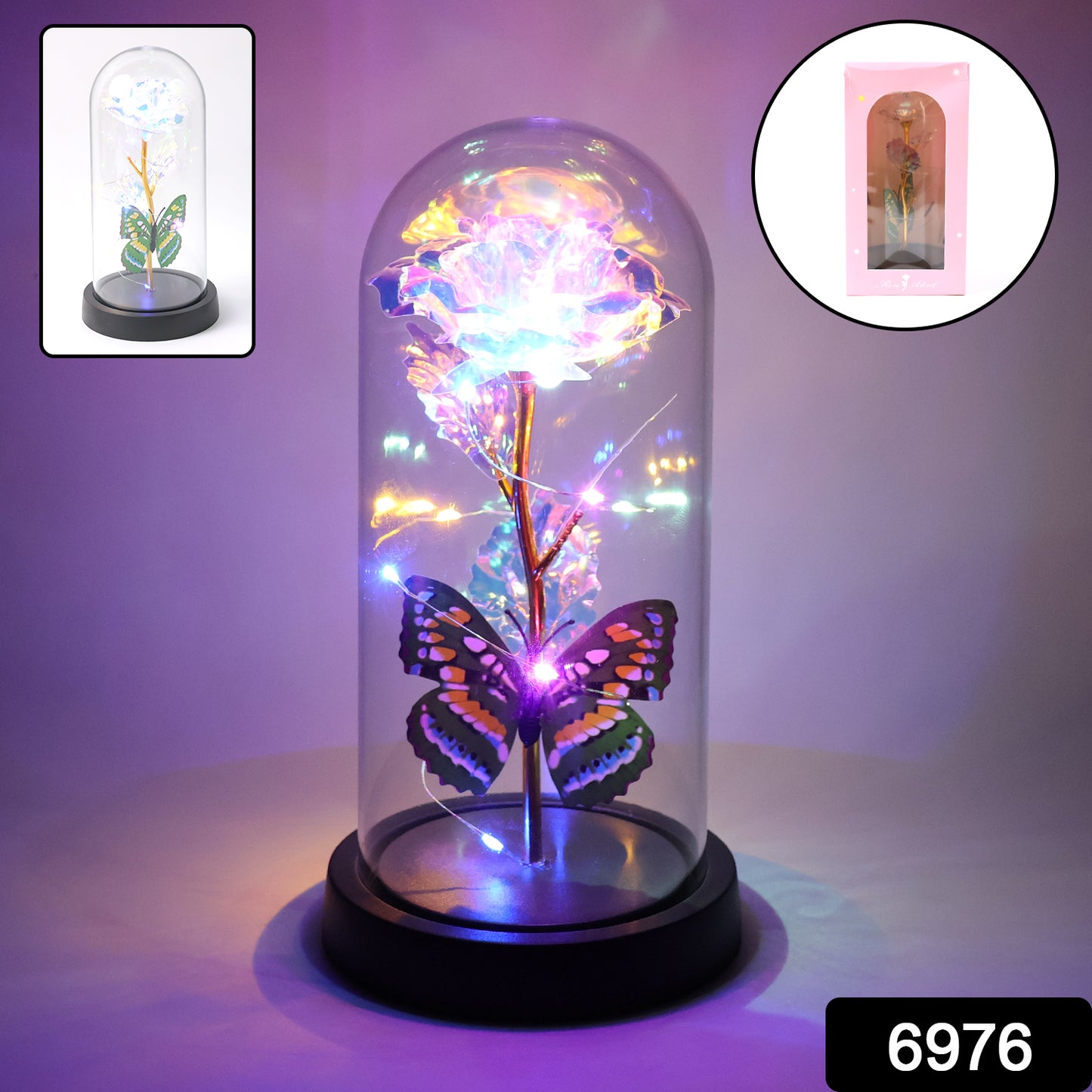 Led Light-up Eternal Rose With Butterfly In Transparent Dome (1 Pc  Battery Not Included)