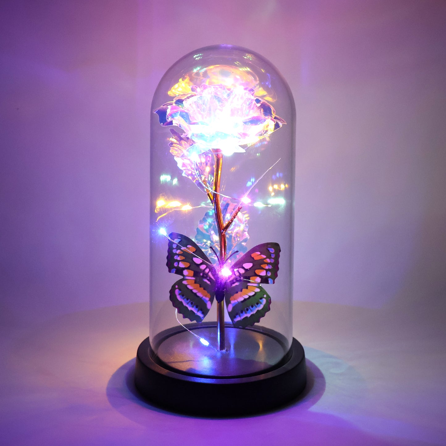 Led Light-up Eternal Rose With Butterfly In Transparent Dome (1 Pc  Battery Not Included)