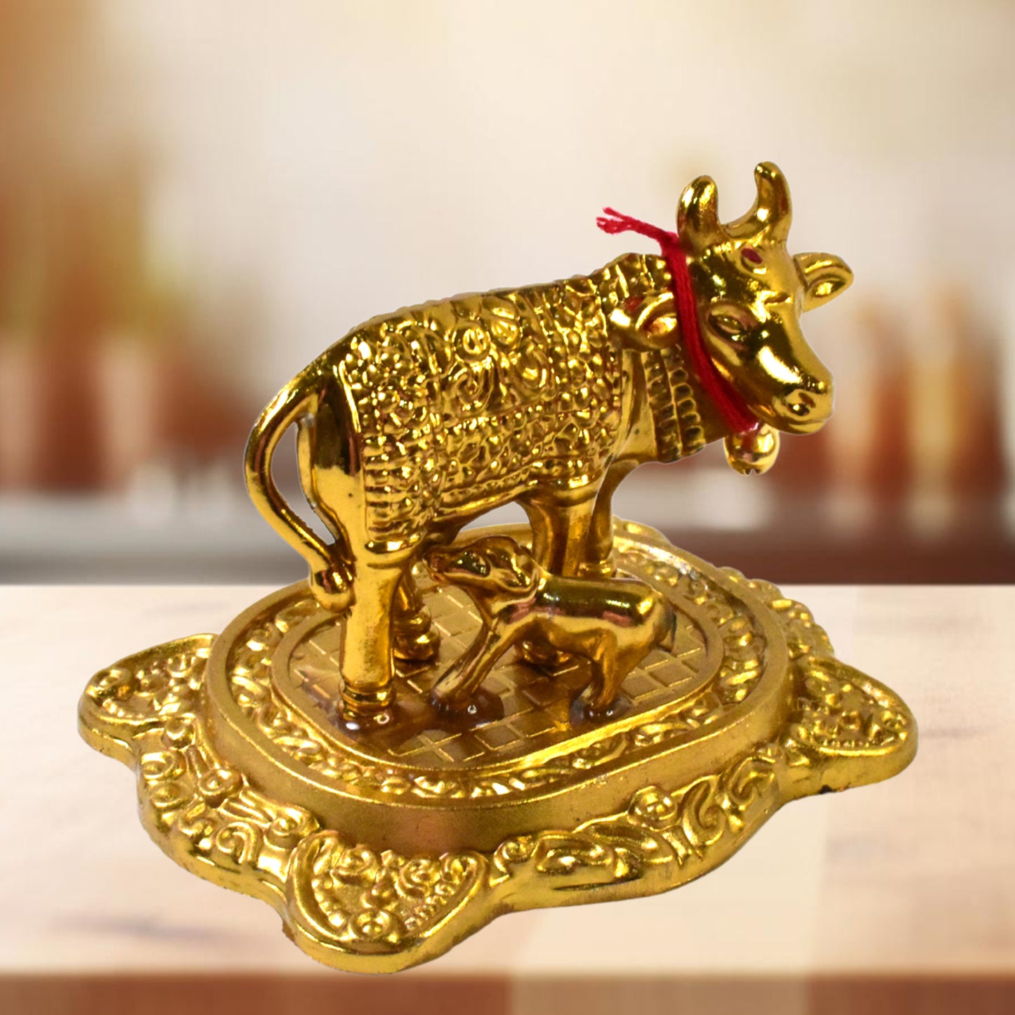 Metal Golden Kamdhenu Cow With Calf (1 Pc)