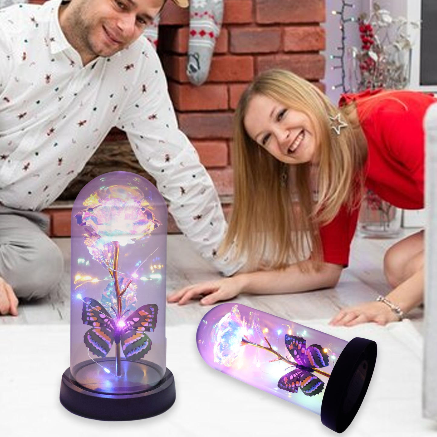 Led Light-up Eternal Rose With Butterfly In Transparent Dome (1 Pc  Battery Not Included)