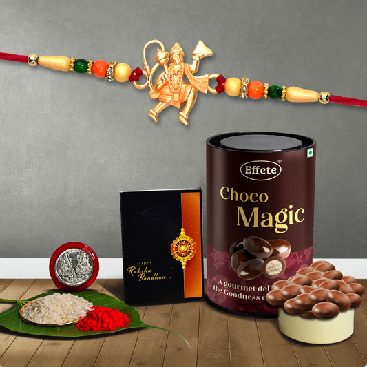 (K1_261_cd) Multicolor Hanuman Rakhi Combo With Chocolate Delight 96gm Silver Color Pooja Coin Roli Chawal  Greeting Card Stylish Rakhi For Brother  Rakhi  Chocolate For Brother  Rakhi Brother  Rakhi With Gift  Handmade Rakhi  Set